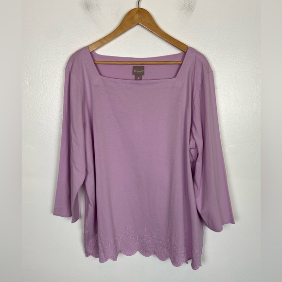 Chico's Eyelet 3/4 Sleeves Top Size 4 Us XXL Square Neck Scalloped Embroidered - Picture 1 of 8